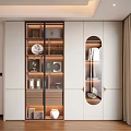Modern Display Cabinet with Glass Doors and Interior Lighting Showcasing Decorative Plates and Vases