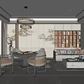 Elegant Modern Hotel Mahjong Room Interior With Chandelier Sofa Bookshelf And Floor to Ceiling Windows
