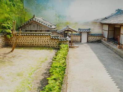 Traditional Korean Courtyard Landscape With Tile Roof Houses Stone Walls And Green Plants 3d model