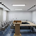 Modern Conference Room With Large Table Chairs Podium And Ceiling Lights 3d model