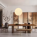 Modern Restaurant Interior With Wooden Dining Table Japanese Style Screen And Round Lantern Light