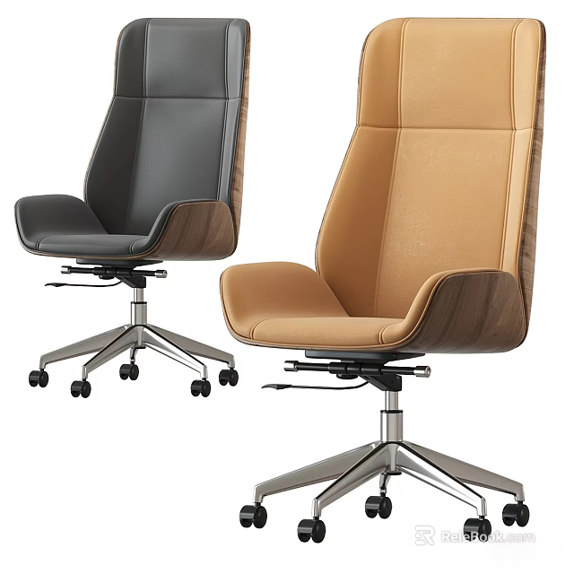 Modern Leather Office Chair In Black And Brown With Metal Base And Rolling Wheels 3d model 