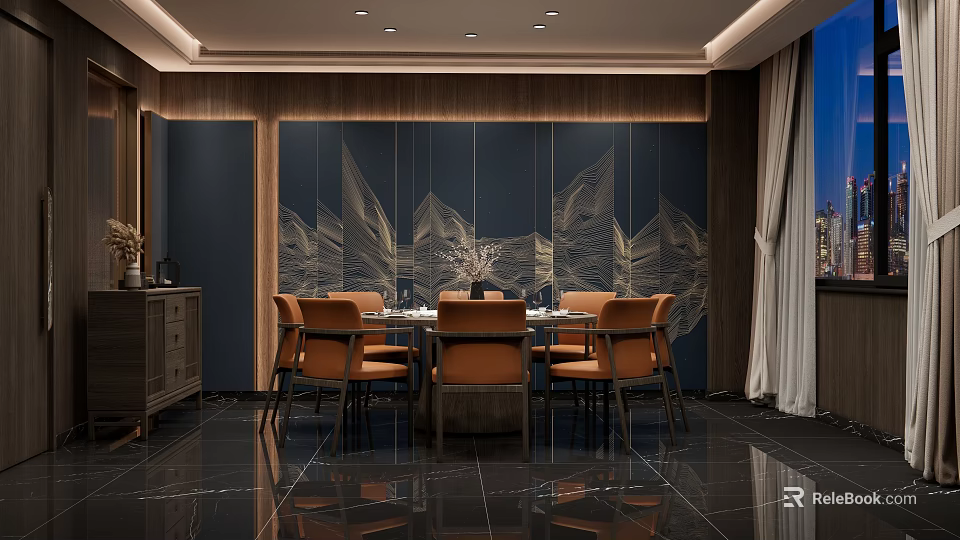 Elegant Modern Private Dining Room Interior With Mountain Pattern Wall Dining Table And Chairs 3d model