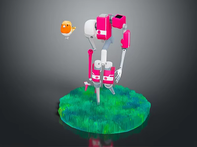 Pink White Robot With Orange Small Creature Standing On Green Grass Field 3d model