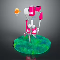 Pink White Robot With Orange Small Creature Standing On Green Grass Field 3d model