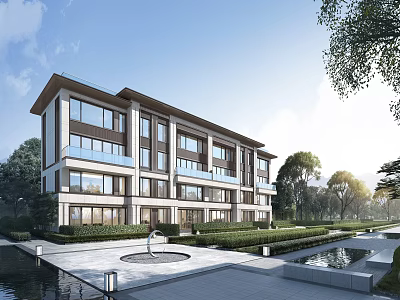 Modern Detached Villa With Large Glass Windows Multi Story Design Landscaped Garden And Water Feature 3d model