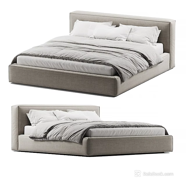 Modern Gray Double Bed With Headboard Mattress Pillows And Bedding 3d model 