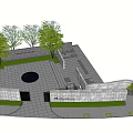 Elegant Garden Landscape with Metal Gate Stone Monument Lush Trees Green Lawn and Circular Design