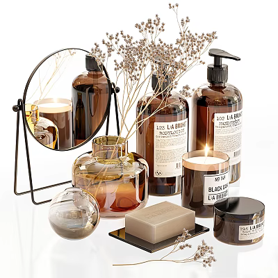 Elegant Bathroom Accessories Display With Mirror Brown Bottles Candle Soap And Vase With Dried Flowers 3d model