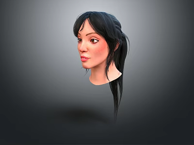 3D Model of Game Film Female Character with Long Black Hair Ponytail Side Profile 3d model