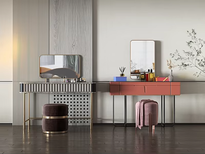 Modern Vanity With Mirror Stool Decorative Items And Wooden Accents 3d model