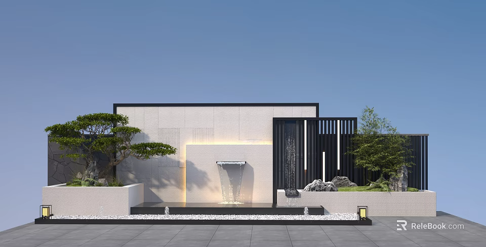 Modern Courtyard Landscape With Water Fountain Rockery Green Plants And Minimalist Design 3d model 