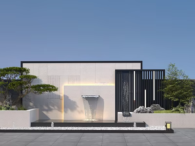 Modern Courtyard Landscape With Water Fountain Rockery Green Plants And Minimalist Design 3d model