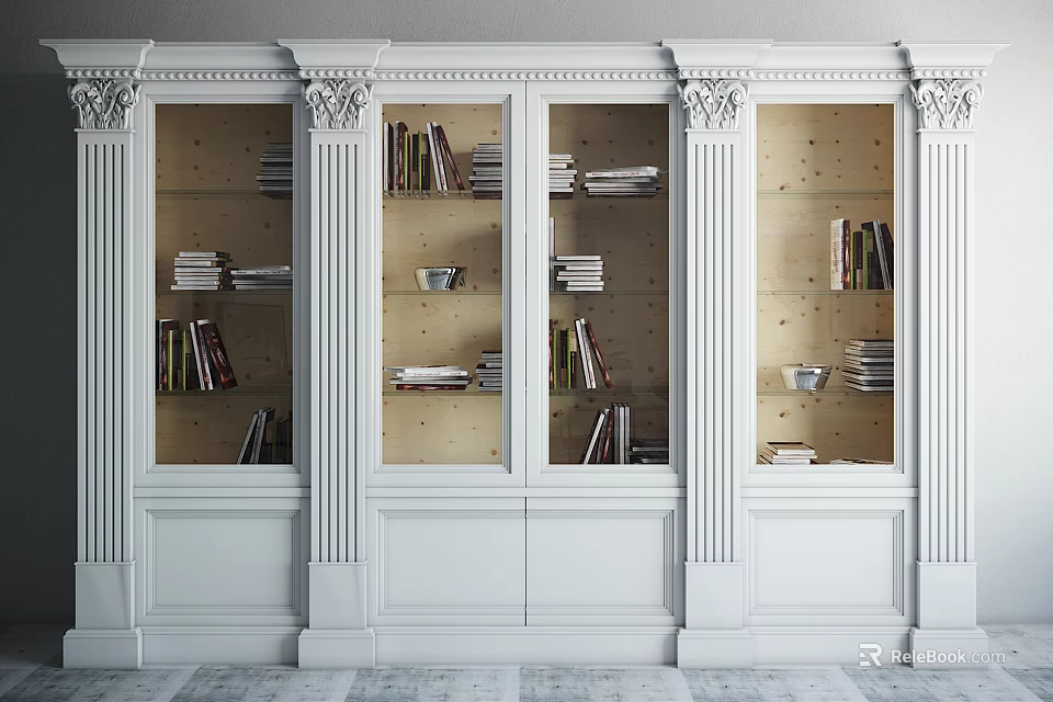 Classic White Bookcase with Columns and Glass Doors Filled with Books and Decorative Items 3d model 