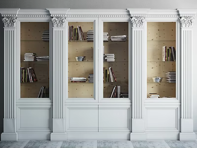 Classic White Bookcase with Columns and Glass Doors Filled with Books and Decorative Items 3d model