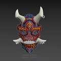 Mystical Character Mask With White Horns Red And Blue Patterns And Sharp Teeth