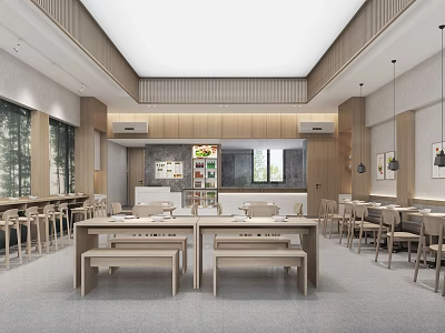 Modern Restaurant Interior With Wooden Tables Open Layout And Large Windows 3d model