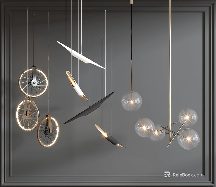 Creative Modern Pendant Lights Featuring Wheel Spherical And Leaf Shaped Designs With Metal Frames 3d model