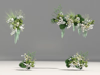 Elegant Floral Display With Hanging Tabletop Arrangements Greenery And White Flowers 3d model