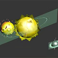 Cartoon Scene With Yellow Sun Like Character Small Round Figures Floating On Black Background