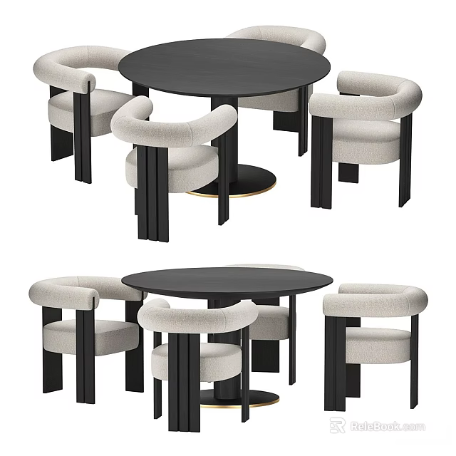 Modern Round Dining Table Set With Light Upholstered Chairs And Black Top 3d model 