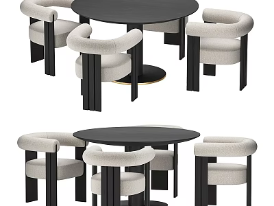 Modern Round Dining Table Set With Light Upholstered Chairs And Black Top 3d model