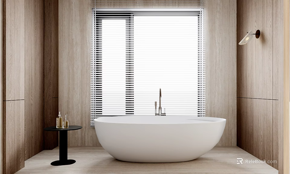 White Freestanding Oval Bathtub in Bathroom with Wooden Walls Window Blinds and Side Table 3d model 