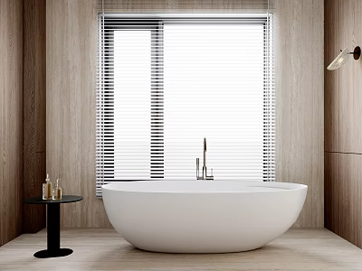 White Freestanding Oval Bathtub in Bathroom with Wooden Walls Window Blinds and Side Table 3d model
