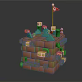 Cartoon Brick Tower Scene with Red Flag Green Grass Yellow Question Marks Characters and Coins