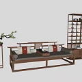 Traditional Chinese Wooden Luohan Bed with Red White Cushions Bonsai Plant and Display Shelf