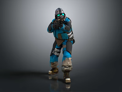 Man In Blue And Black Combat Suit With Helmet Green Glowing Eyes Holding Weapon 3d model