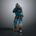 Man In Blue And Black Combat Suit With Helmet Green Glowing Eyes Holding Weapon