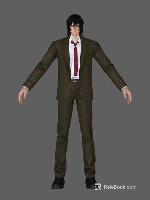 Man in Brown Suit Full Body With White Shirt Red Tie Belt on Gray Background 3d model 