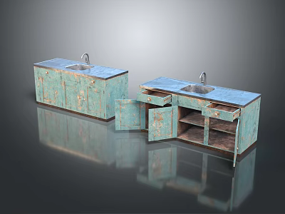 Distressed Blue Green Kitchen Cabinets With Countertop Sink Drawers Open Doors And Shelves 3d model