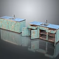 Distressed Blue Green Kitchen Cabinets With Countertop Sink Drawers Open Doors And Shelves