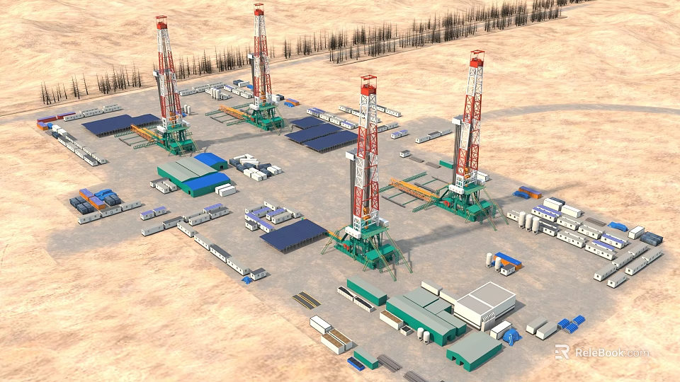Industrial Equipment At Oil Field Drilling Site With Rigs Trucks And Facilities 3d model 