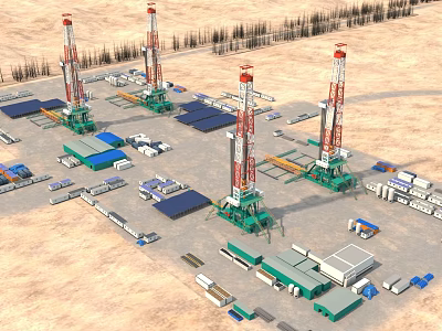 Industrial Equipment At Oil Field Drilling Site With Rigs Trucks And Facilities 3d model