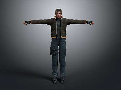 3D Male Character Wearing Brown Jacket Dark Pants With Arms Outstretched In Gray Gradient Background 3d model