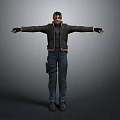 3D Male Character Wearing Brown Jacket Dark Pants With Arms Outstretched In Gray Gradient Background