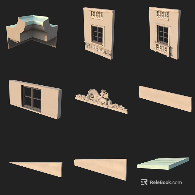 Various Decorative Plaster Moldings Including Window Frames and Ornate Wall Trims for Interior Design 3d model 