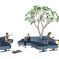 Blue Curved Sectional Sofa With People Sitting Large Tree Magazines And Side Table 3d model