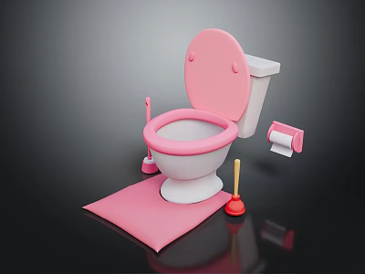 Pink Toilet Living Supplies With Seat Brush Paper Roll And Floor Mat 3d model
