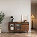Natural Wooden Sideboard With Glass Doors Coffee Machine Jars And Potted Plant In Bright Room
