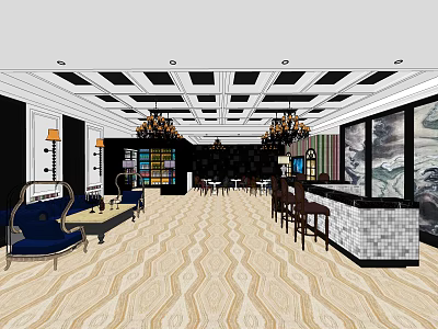 Elegant Bar Interior Featuring Chandeliers Blue Sofas Bar Counter Patterned Carpet And Grid Ceiling 3d model