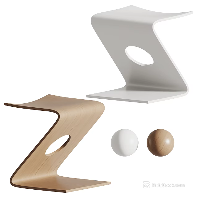 Modern Wooden And White Metal Stools With Curved Design And Circular Holes 3d model 