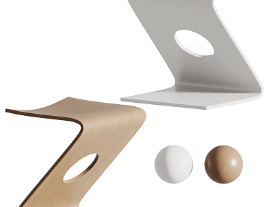 Modern Wooden And White Metal Stools With Curved Design And Circular Holes 3d model
