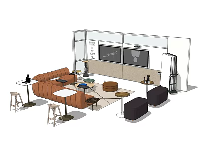Modern Living Room Sofa and Coffee Table Set With Brown Couch Round Tables Rug and Stools 3d model