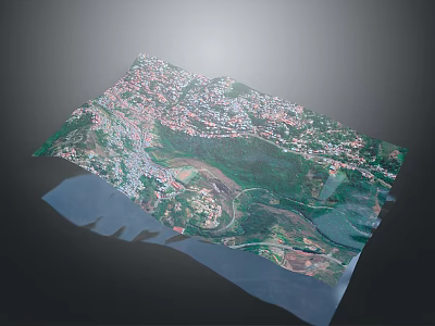 Detailed 3D Terrain Model Aerial View With City River And Green Vegetation 3d model