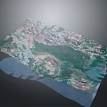 Detailed 3D Terrain Model Aerial View With City River And Green Vegetation