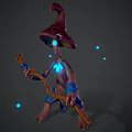 Mushroom Headed Humanoid Characters In Blue Shorts Holding Wooden Sticks With Glowing Particles